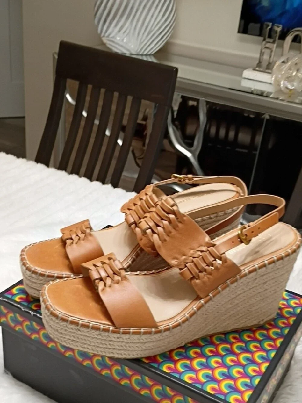 Veronica Beard Riya Cognac Leather Woven Espadrille Wedge Sandals